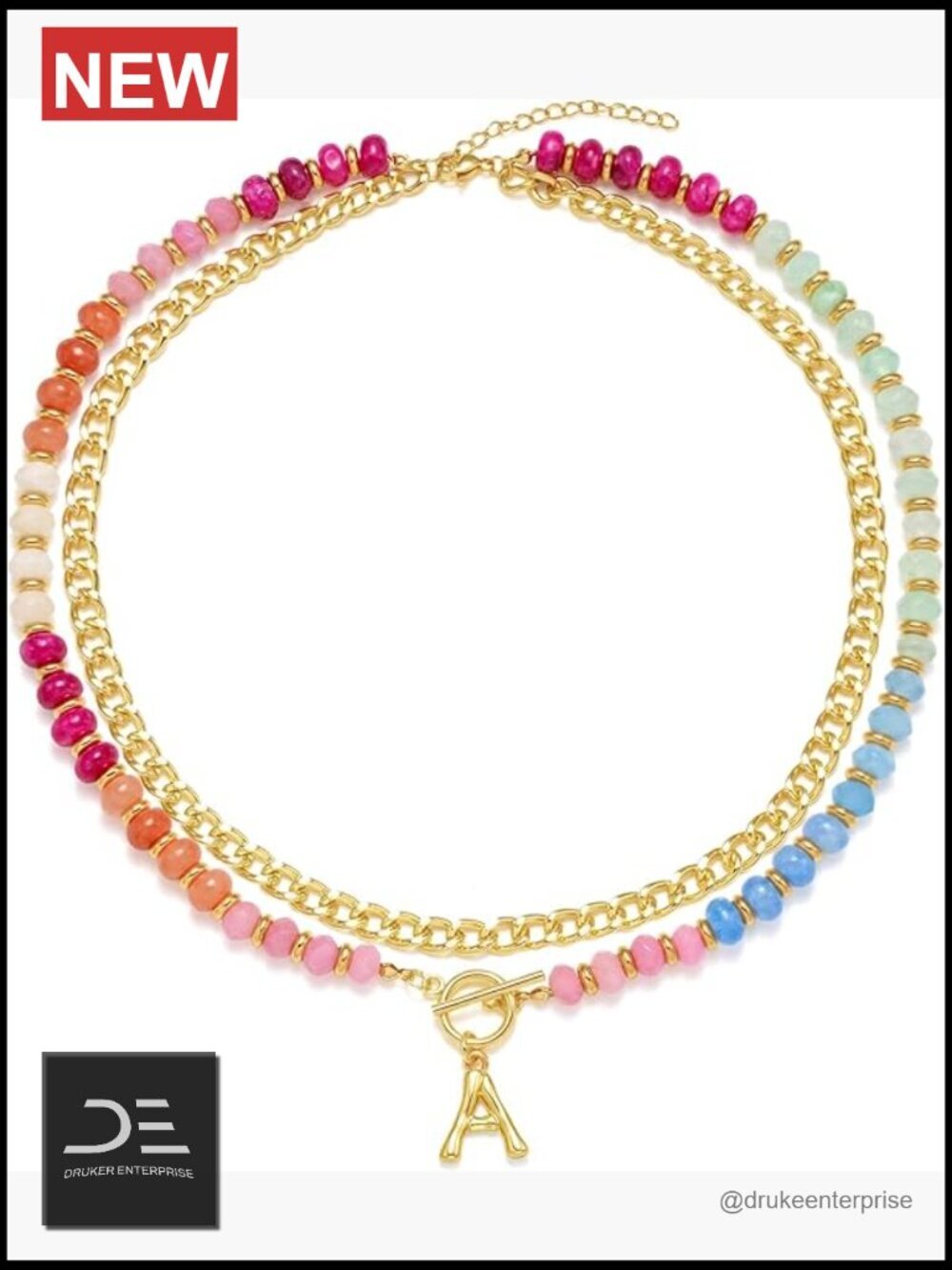 Colorful Beaded Necklace Layered Gold Plated Initial Chunky Chain Choker Boho